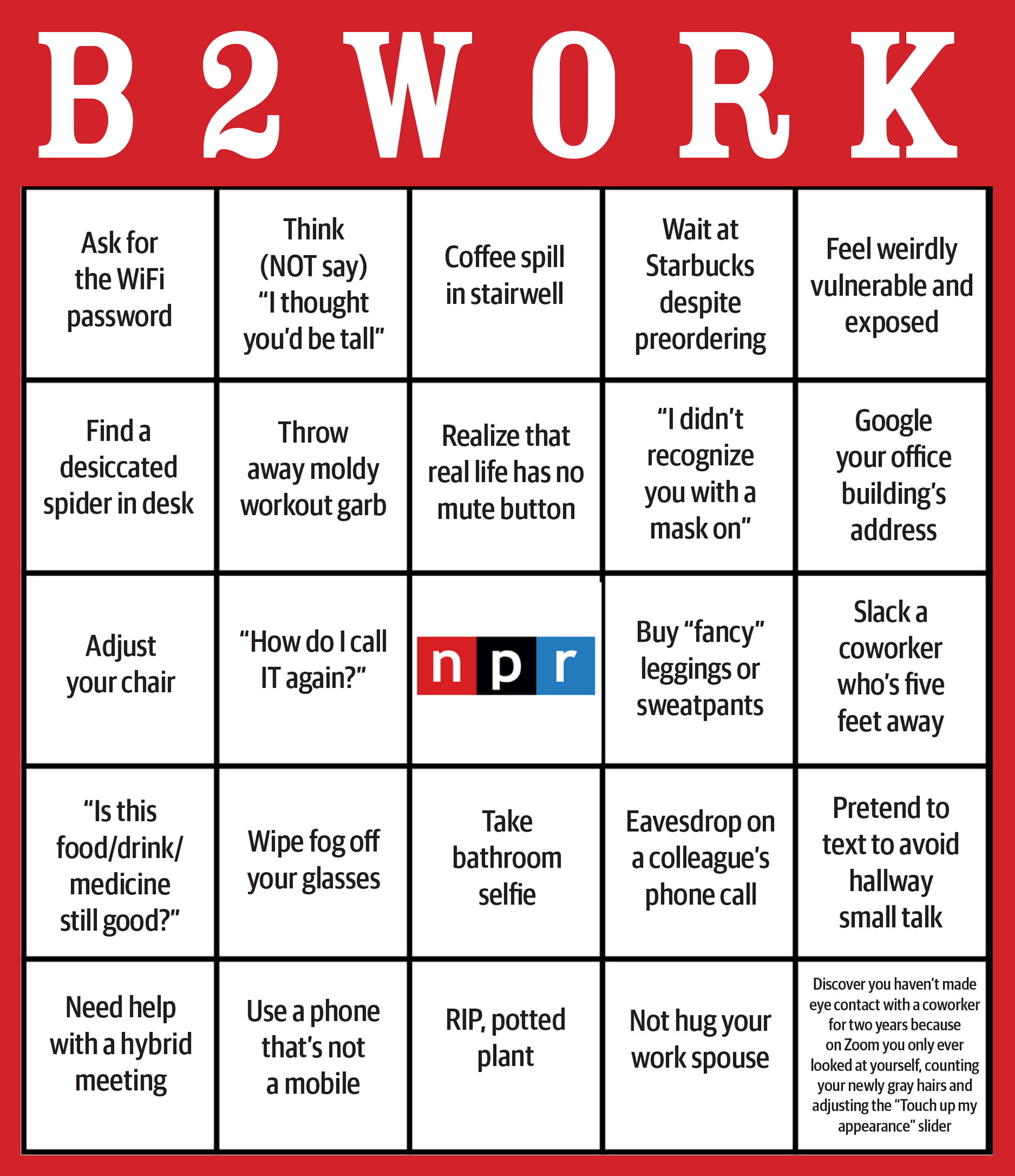 Return To Work Bingo: Use These Cards And Make Office Fun Again : Npr in Funny Bingo Card Ideas
