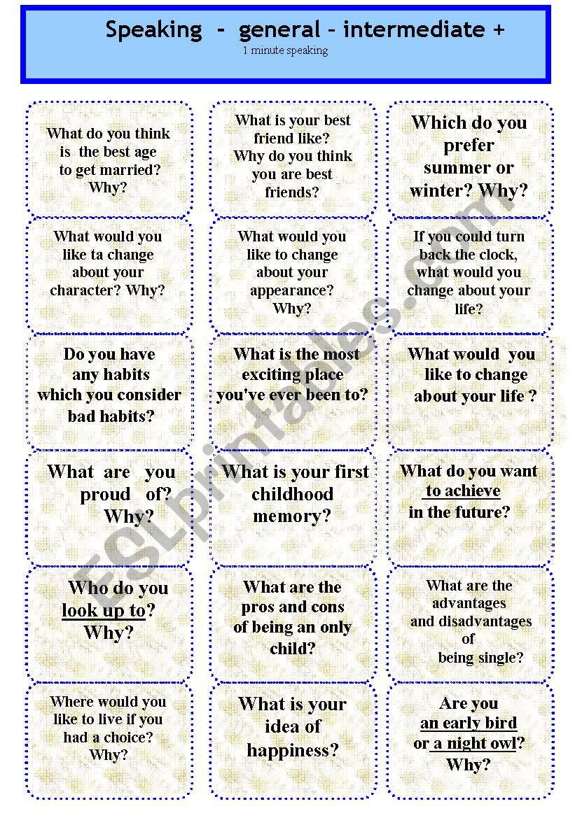Speaking Cards - Intermediate Plus. Varieties. - Esl Worksheet with regard to Speaking Worksheets Printable Intermediate