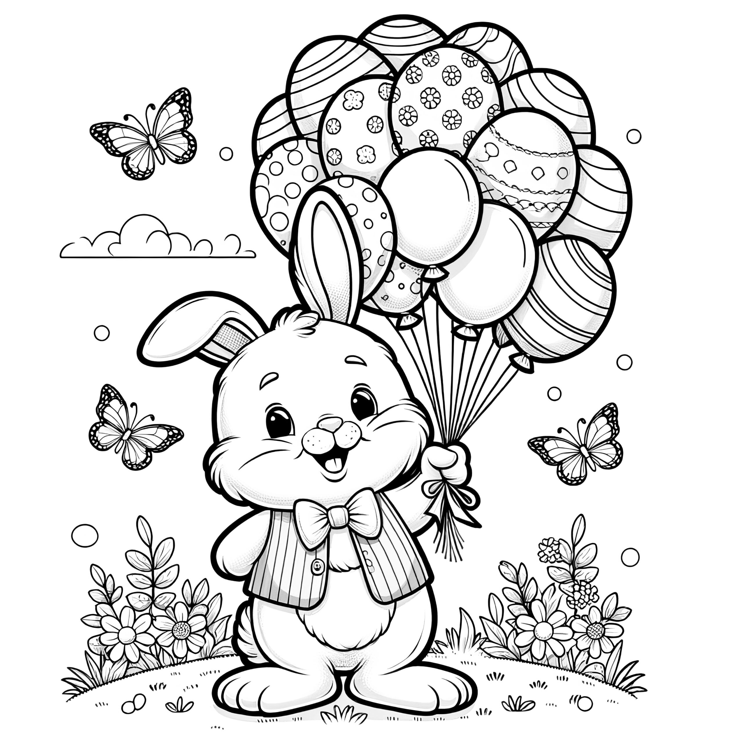 Stylish Easter Bunny With Balloons And Butterflies: Coloring Page throughout Easter Bunny Coloring Pages Free Printable