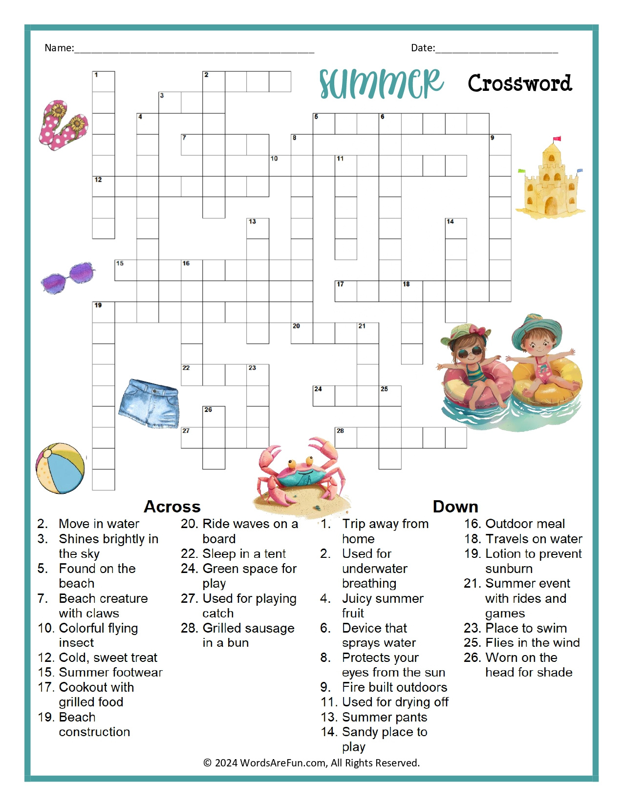 Summer Crossword Puzzle for Summer Crosswords Printable