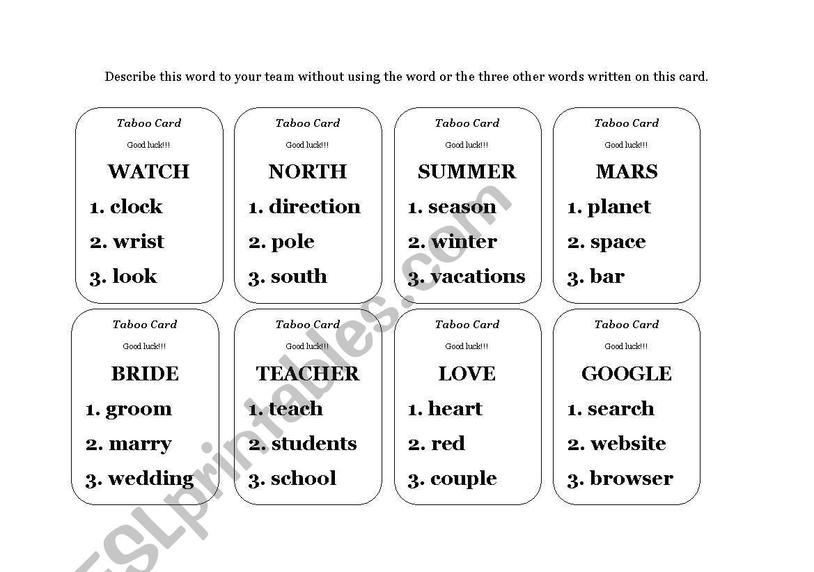 Taboo Cards ( Fully Editable) More Than 200 Cards!!! - Esl intended for Free Printable Taboo Cards