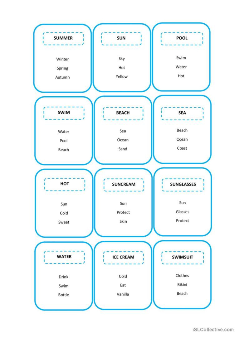 Taboo Cards - Summer: English Esl Worksheets Pdf &amp;amp; Doc throughout Free Printable Taboo Cards