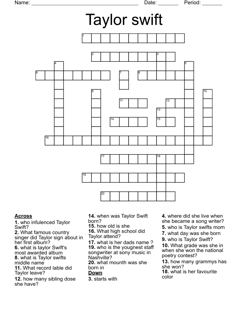 Taylor Swift Crossword - Wordmint within Taylor Swift Crossword Printable