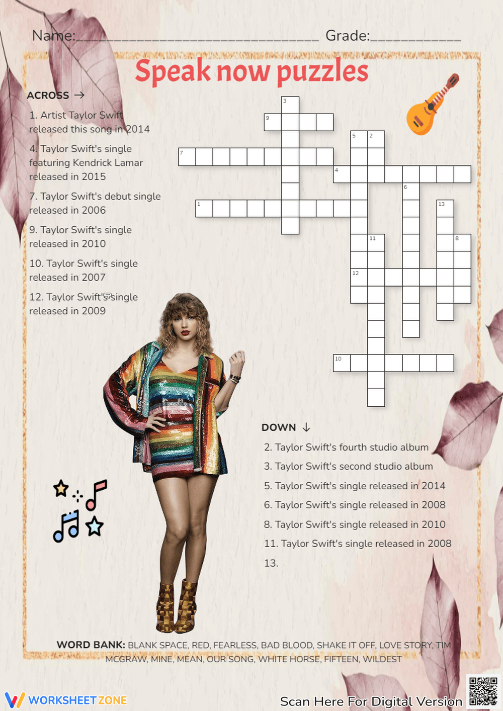 Taylor Swift Crossword Worksheets 2025 throughout Taylor Swift Crossword Puzzle Printable