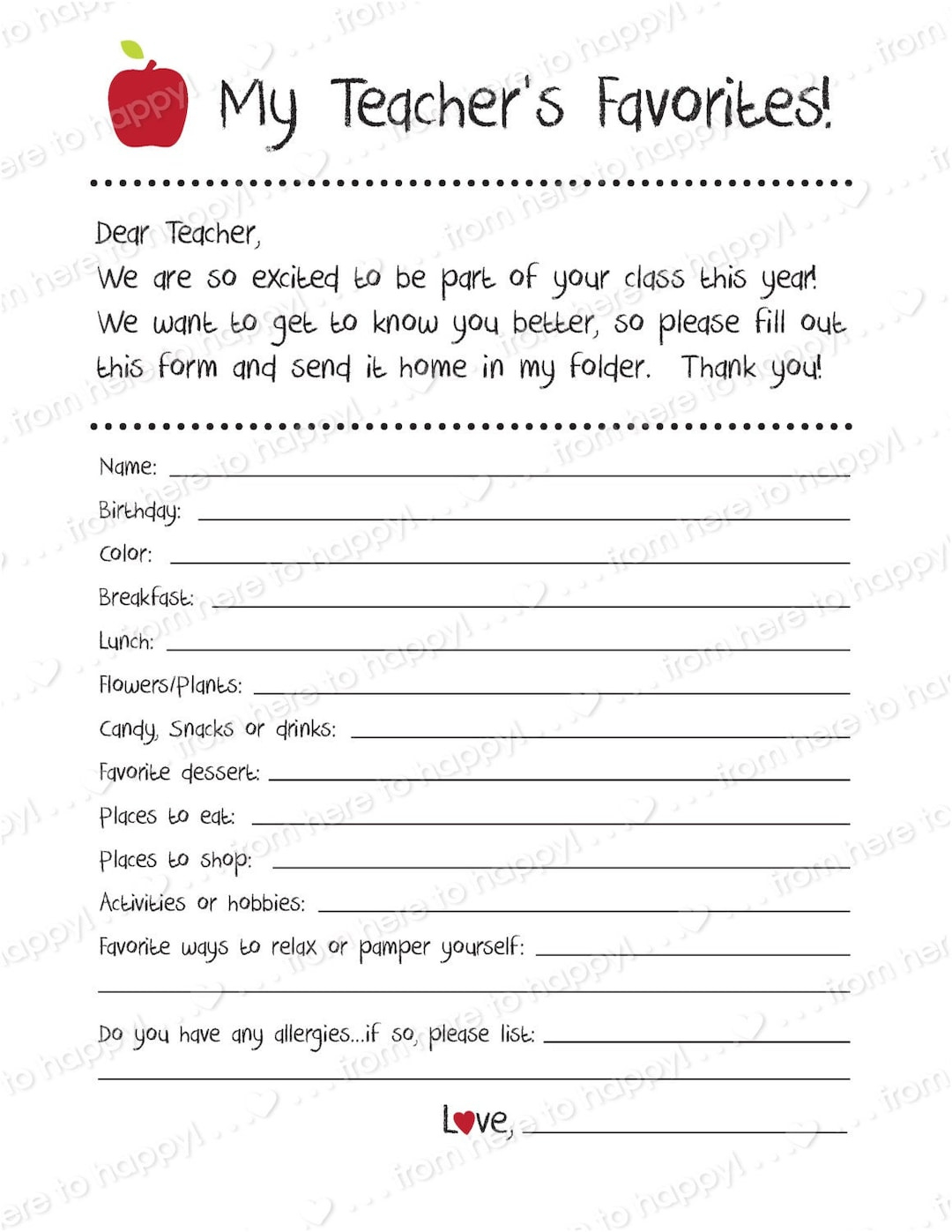 Teacher Gifts, Teacher Appreciation, Get To Know Your Teacher - Etsy with Get To Know Your Teacher Questions Free Printable