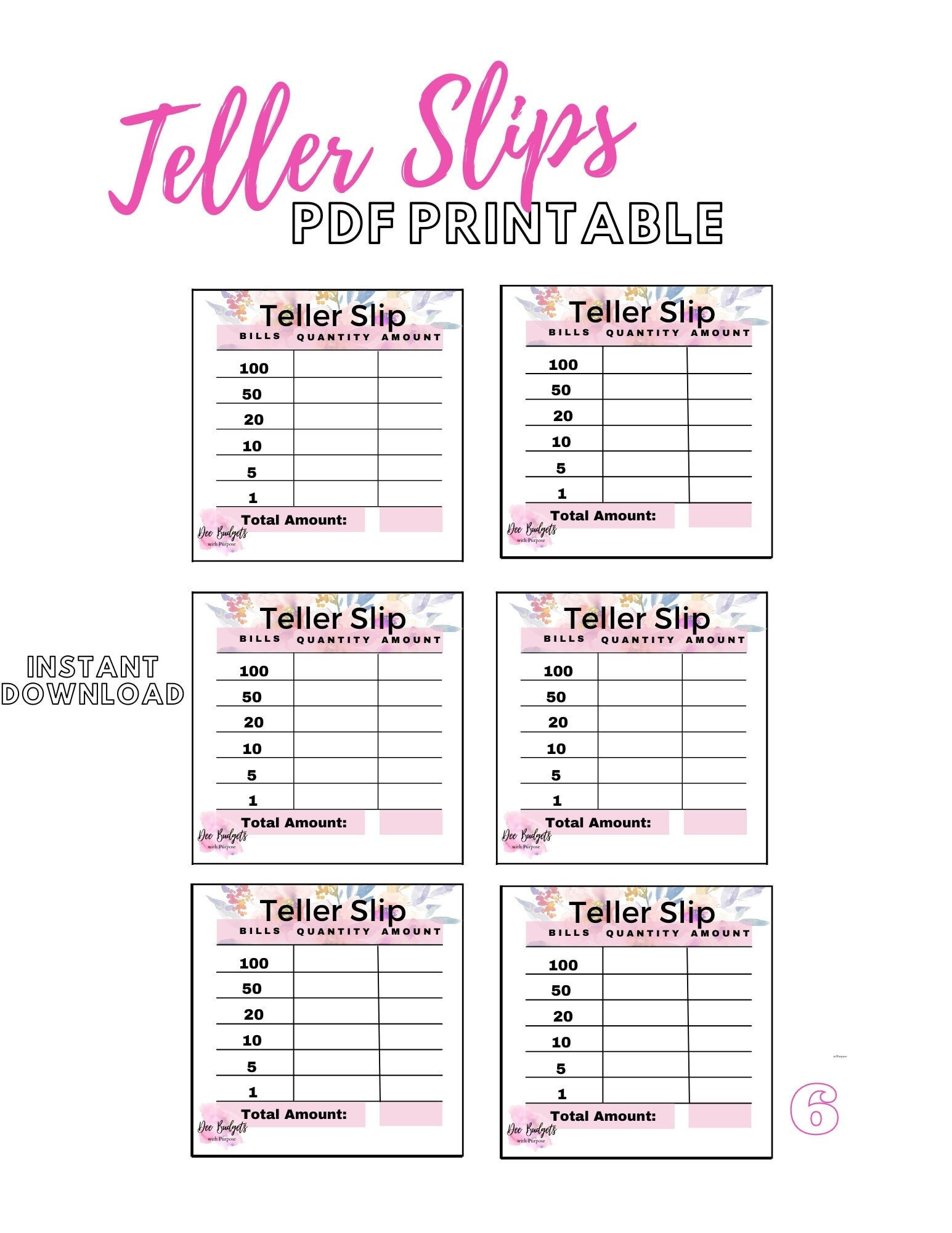 Teller Slips, Cash Breakdown, Printable Cash Breakdown, Bank for Teller Slip Printable Free