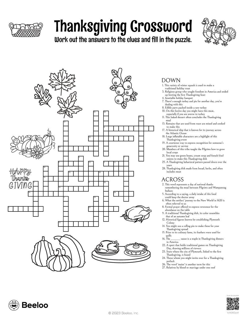 Thanksgiving Crossword • Beeloo Printable Crafts And Activities for Thanksgiving Crossword Puzzle Free Printable