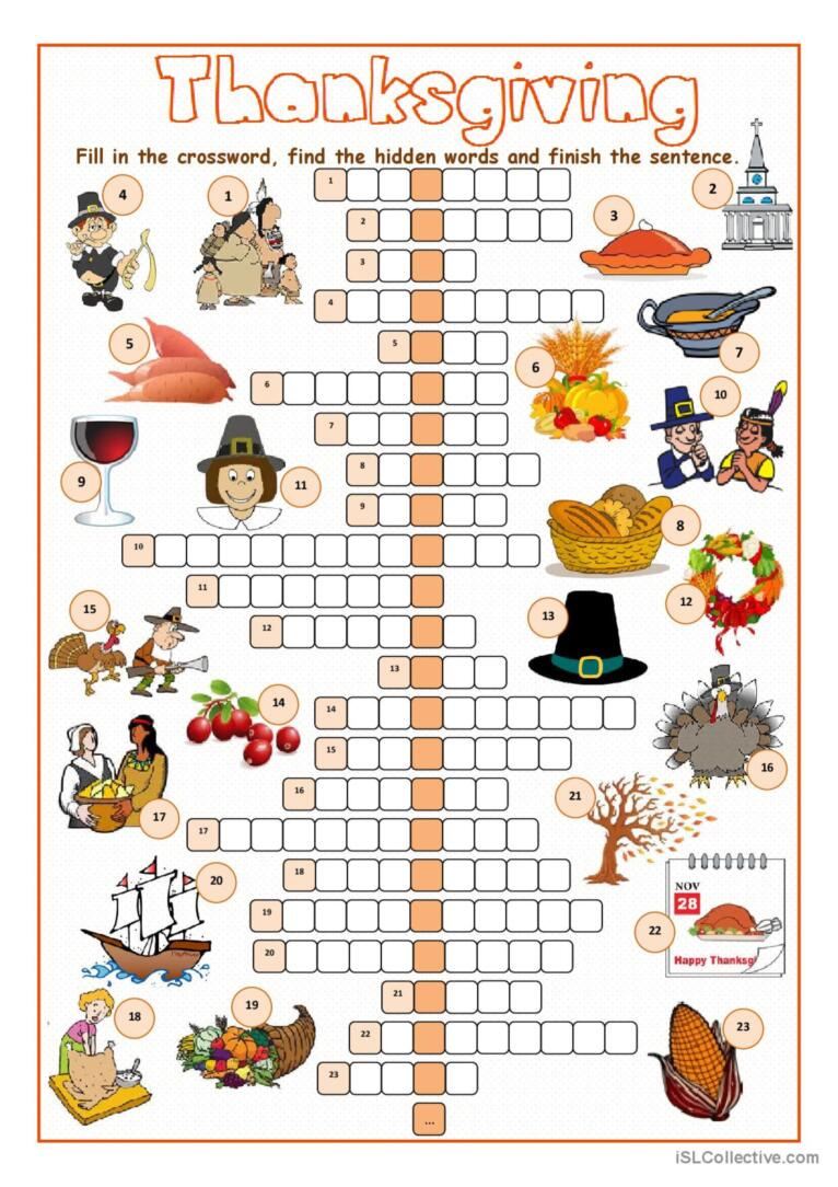 Thanksgiving Crossword Puzzl…: English Esl Worksheets Pdf &amp;amp; Doc inside Thanksgiving Crossword Printables