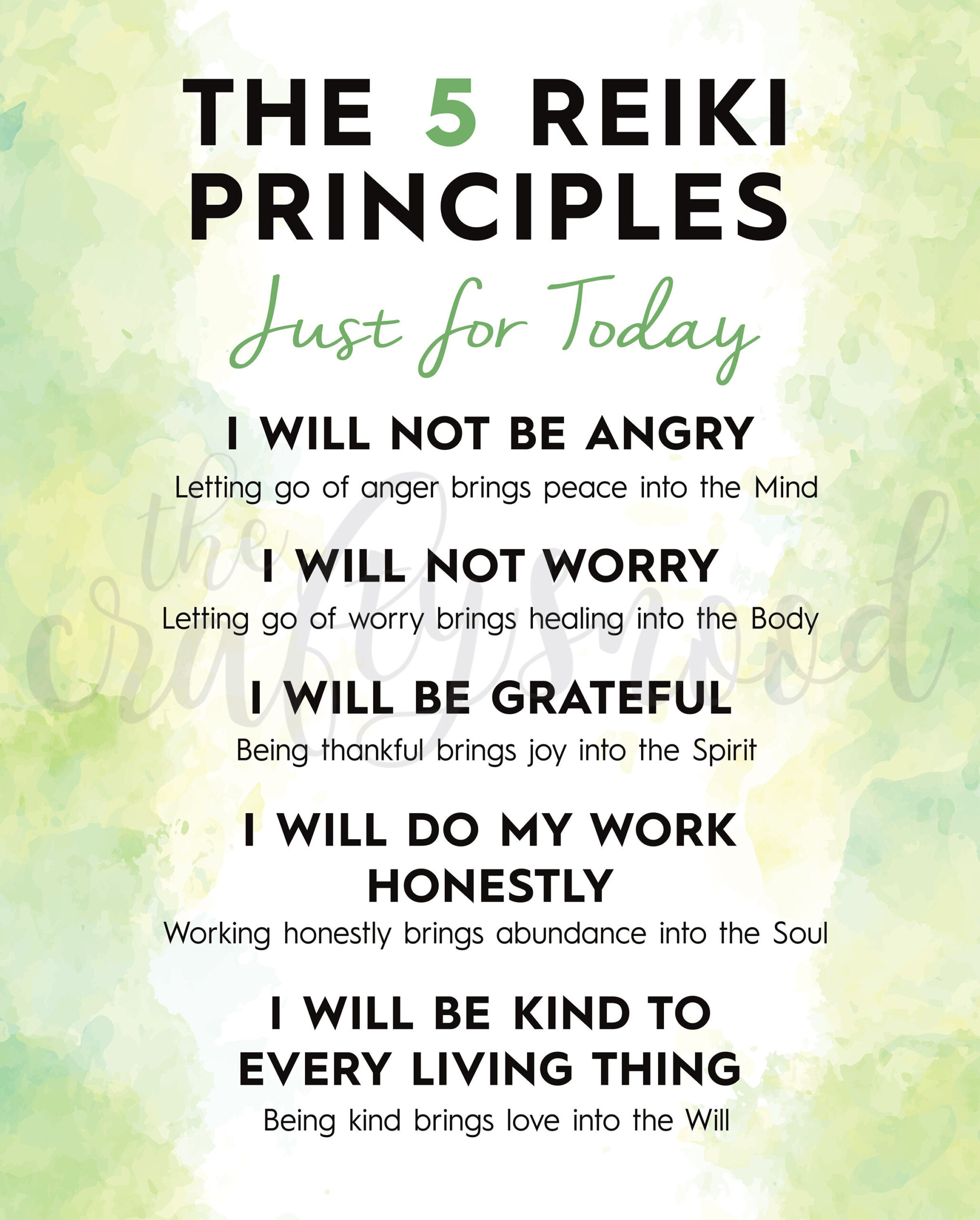 The Reiki 5 Principles - Green - Instant Download Poster regarding 5 Principles Of Reiki Printable