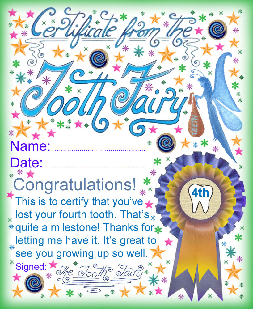 Tooth Fairy Certificate: Award For Losing Your Fourth Tooth throughout Free Printable Tooth Fairy