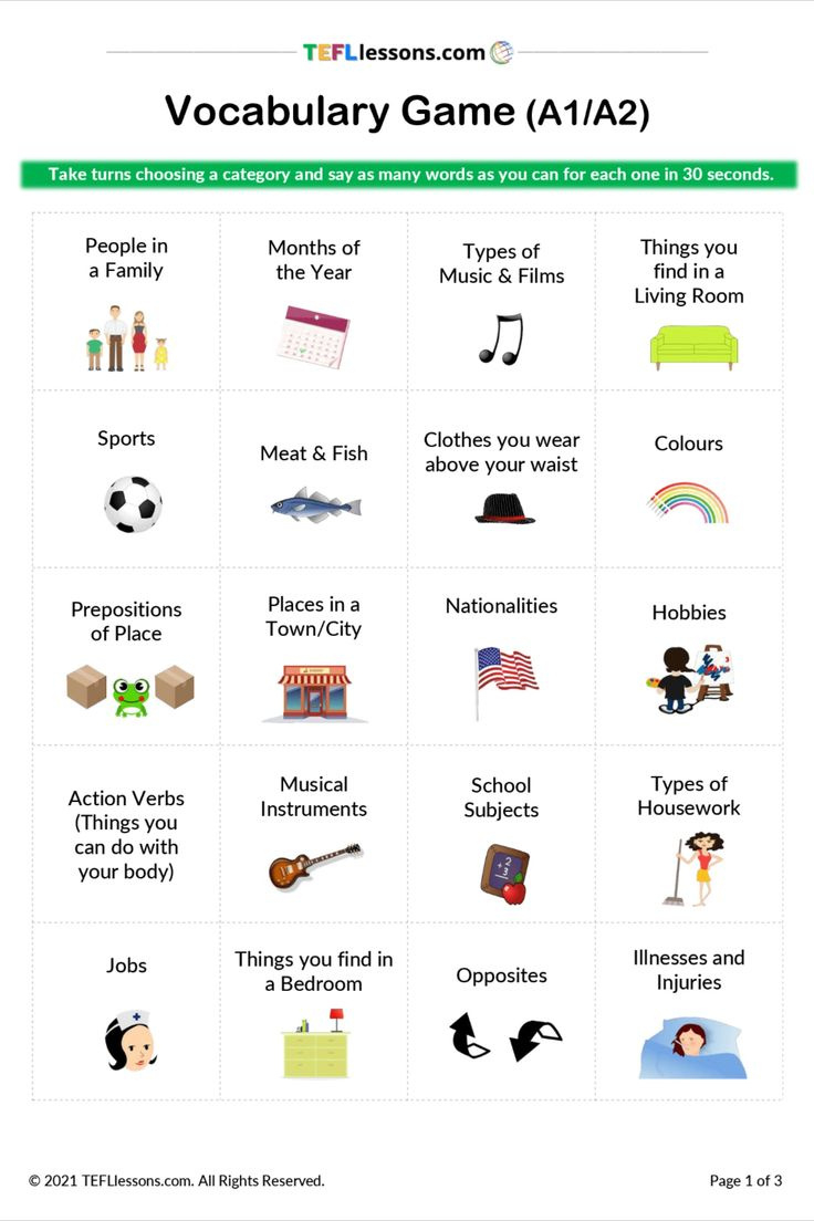Vocabulary Game (A1-A2) | Free Esl Resource For Tefl Teachers inside Speaking Worksheets Printable Pinterest