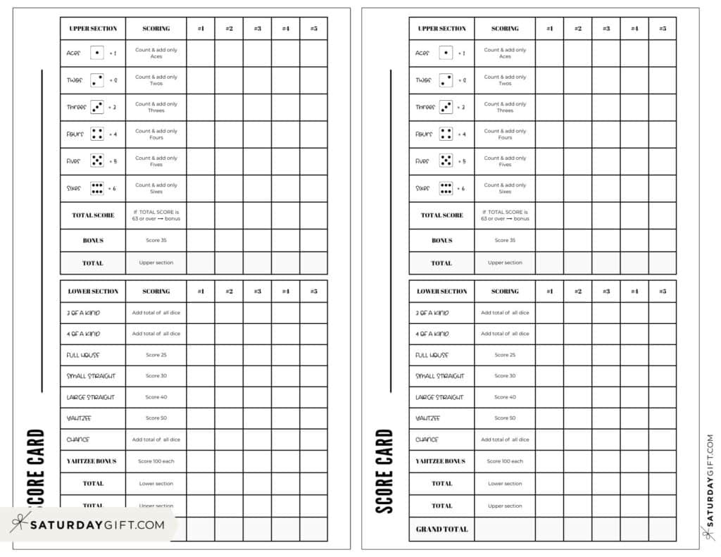 Yahtzee Score Card - Printable Yahtzee Score Sheets | Saturdaygift with Free Printable Yahtzee Scorecards