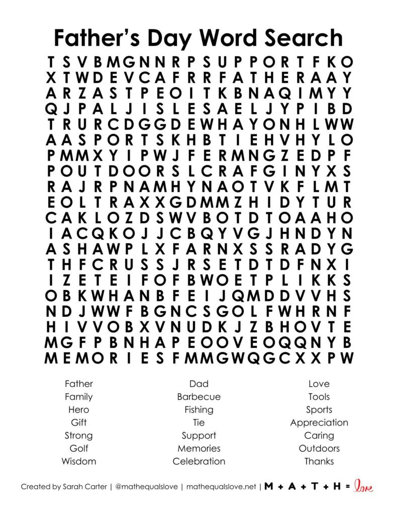 Father&amp;#039;S Day Word Search Puzzle | Math = Love throughout Father&amp;amp;#039;s Day Word Search Printable