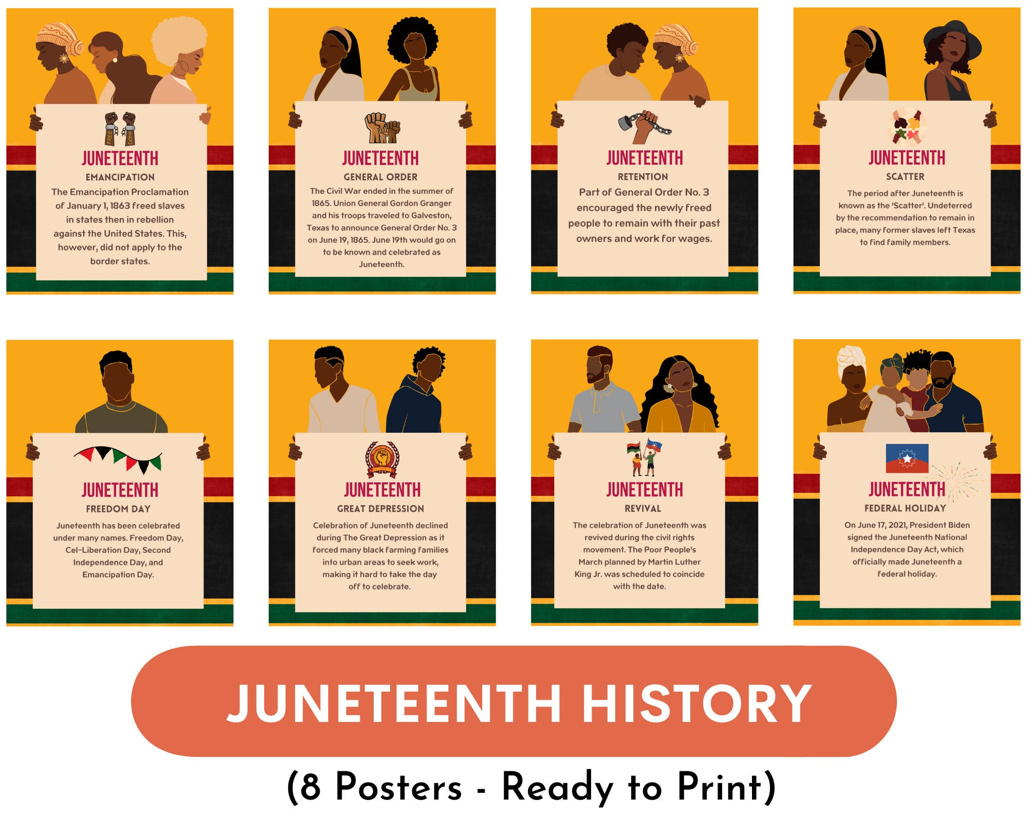 Juneteenth History Posters (Set Of 8), Historical, Freedom Posters with Printable Juneteenth History