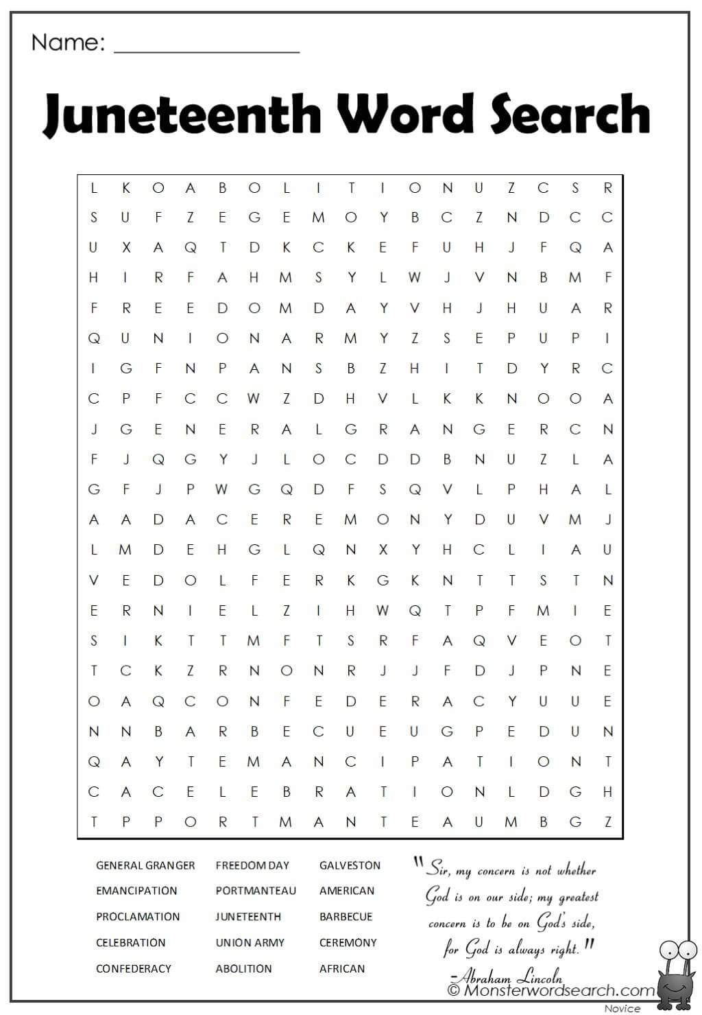 Juneteenth Word Search - Monster Word Search within Printable Juneteenth Word Search