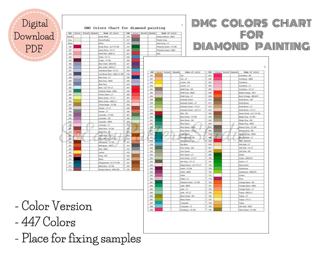 Diamant Malerei Dmc Color Chart Dmc Colors Char For Diamond Painting Pdf Download Datei Dmc Diamond Art Color Chart Dmc Inventarliste - Etsy.de inside Diamond Painting Dmc Color Chart