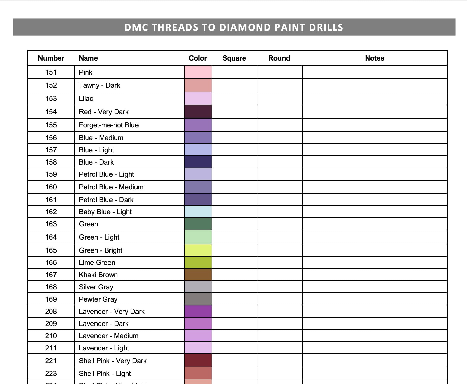 Druckbare Diamant Malerei Dmc Color Chart Tracker Bestandsliste - Pdf Download for Dmc Color Chart Diamond