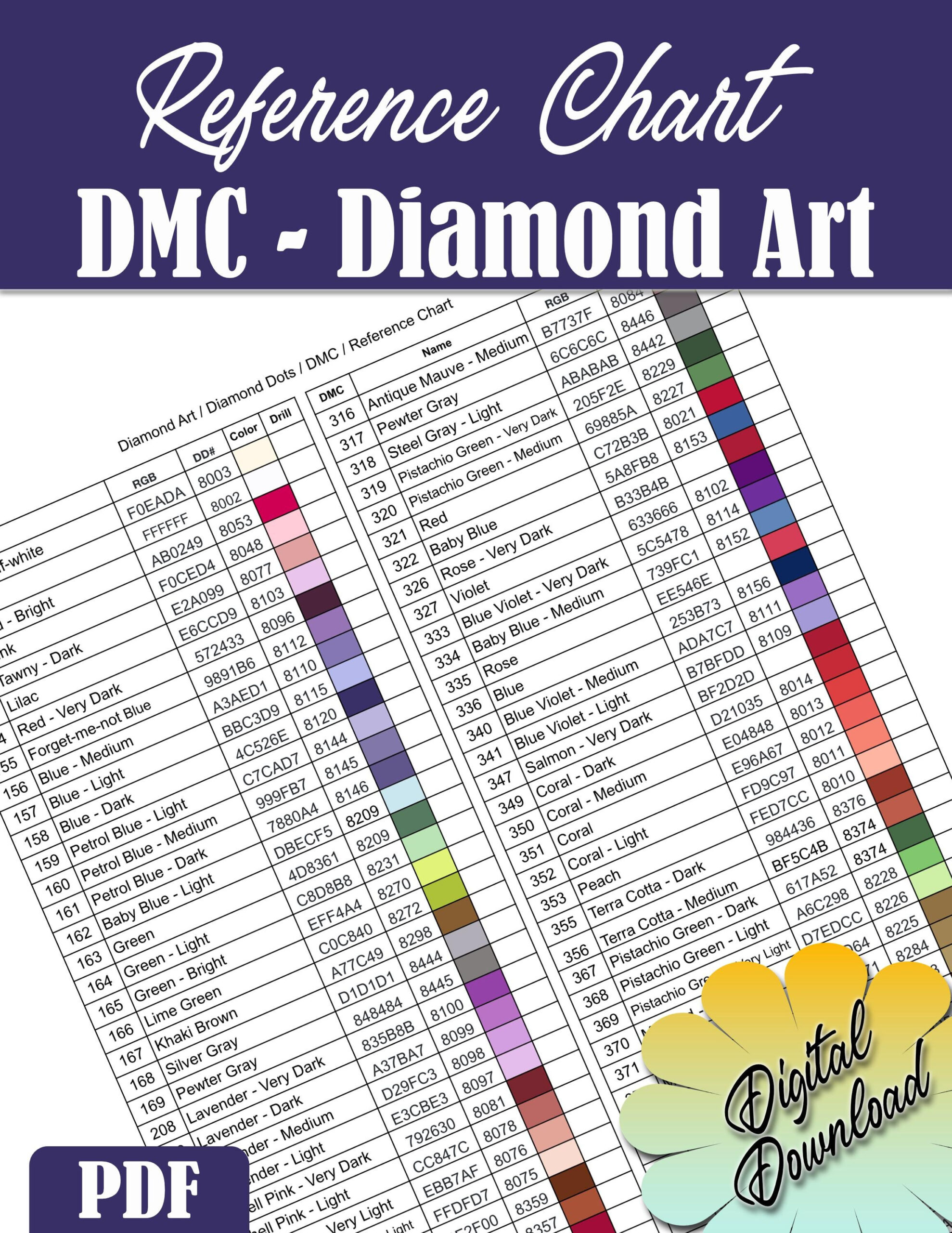 Printable Pdf Dmc Color Charts Diamond Painting Drill Color Card throughout Dmc Diamond Dot Color Chart