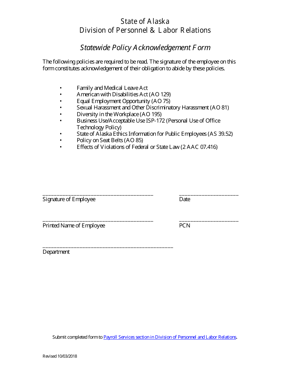 Alaska Statewide Policy Acknowledgement Form - Fill Out, Sign in Labor Law Section 195 1 Printable