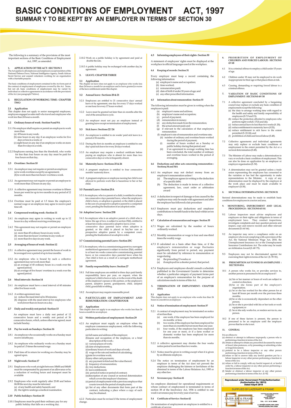 Basic Conditions Of Employment Act Poster A1 Bcea - 2025 with Printable Labor Law Posters 2025 South Africa