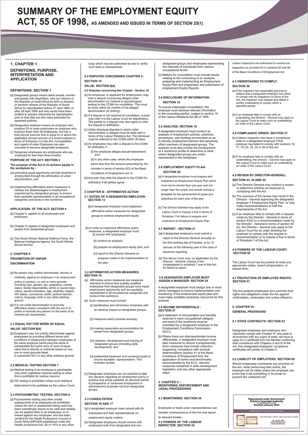 Employment Equity Act Poster A1 Eea - 2025 throughout Printable Labor Law Posters 2025 South Africa