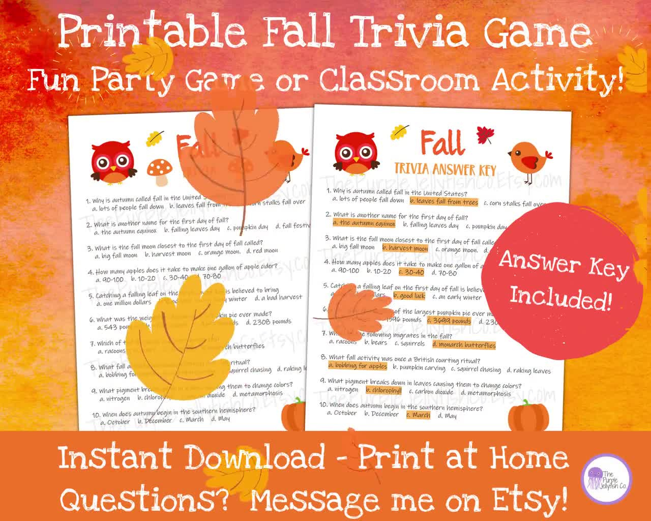 Fall Trivia Game Printable Autumn Activity For Kids &amp;amp; Adults, Trivia Questions Quiz, Fall Theme Classroom Activity, Fall Birthday Party Idea with Adult Labor Day Printable Quiz