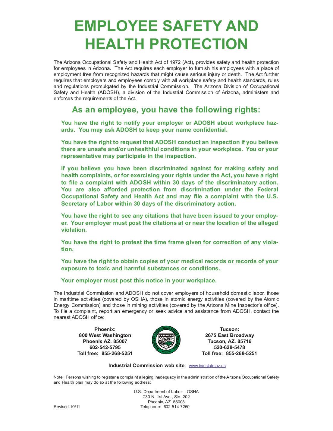 Free Arizona Arizona Workplace Safety Labor Law Poster 2025 for Arizona Labor Law Posters Printable