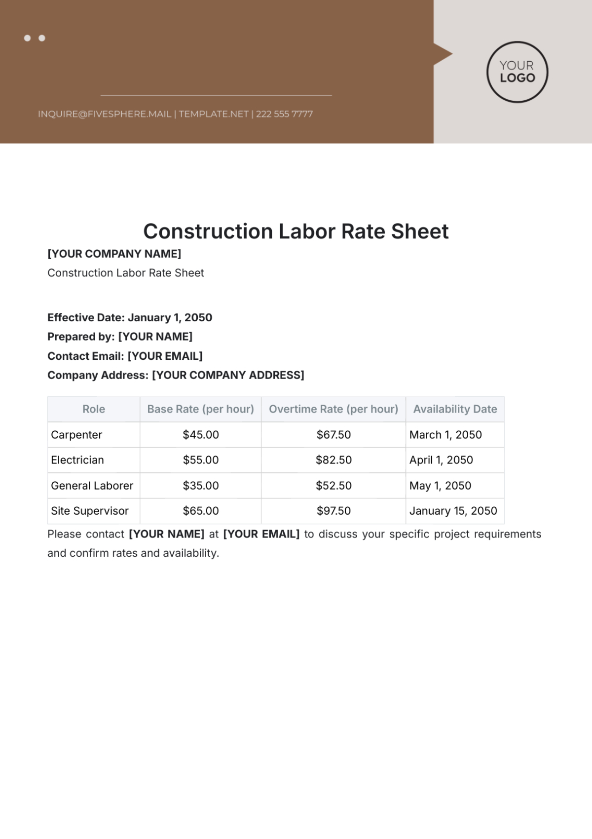 Free Construction Labor Rate Sheet Template To Edit Online throughout Free Printable Labor Rate Sign