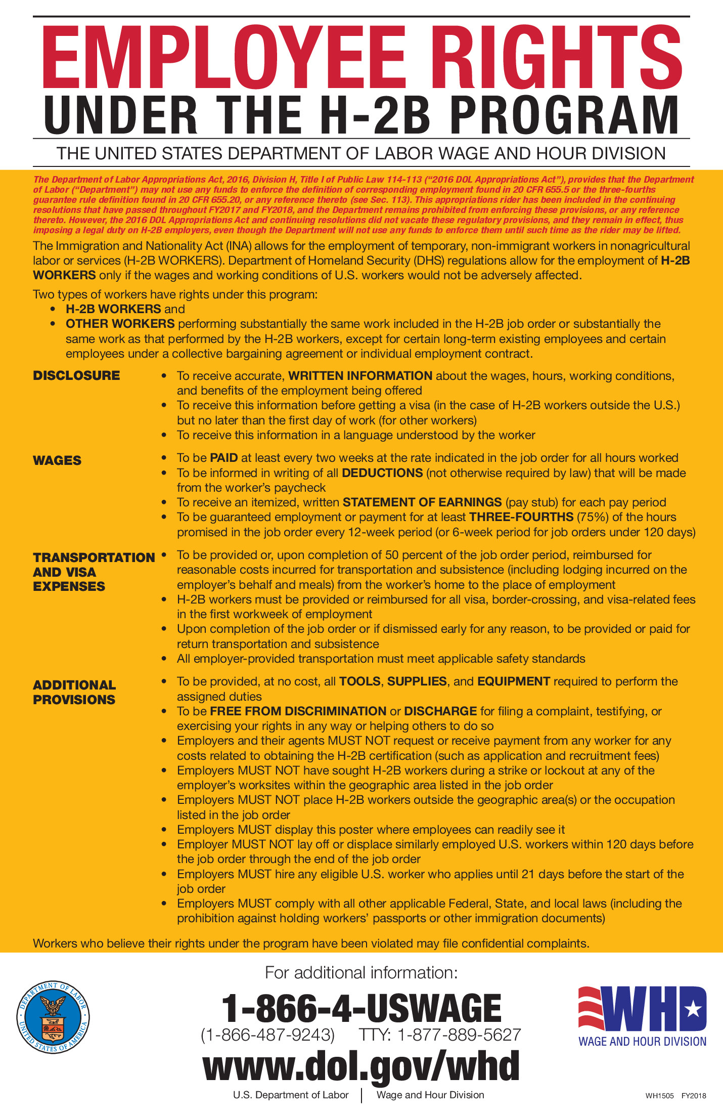 Free Federal H-2B Rights Non Agriculture Labor Law Poster 2025 for Us Department Of Labor Free Printable Posters