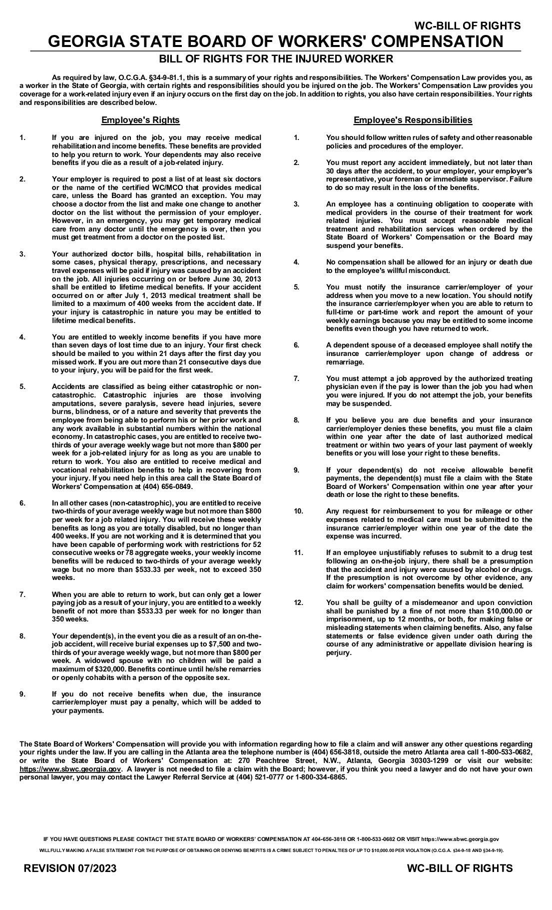 Free Georgia Georgia Wc-Bor Labor Law Poster 2025 inside Georgia Labor Laws Printable