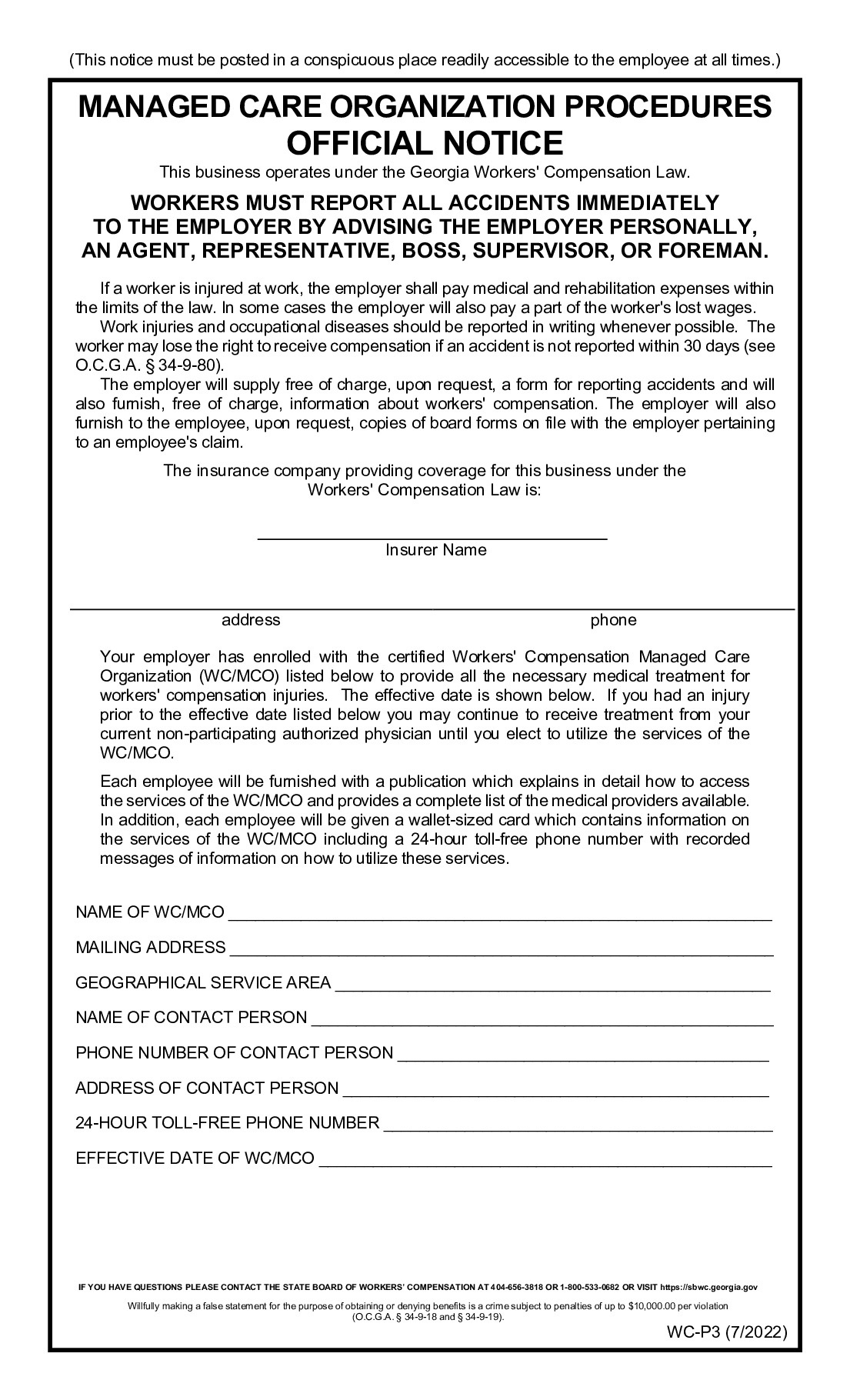 Free Georgia Georgia Wc-P3 Labor Law Poster 2025 in Georgia Labor Laws Printable