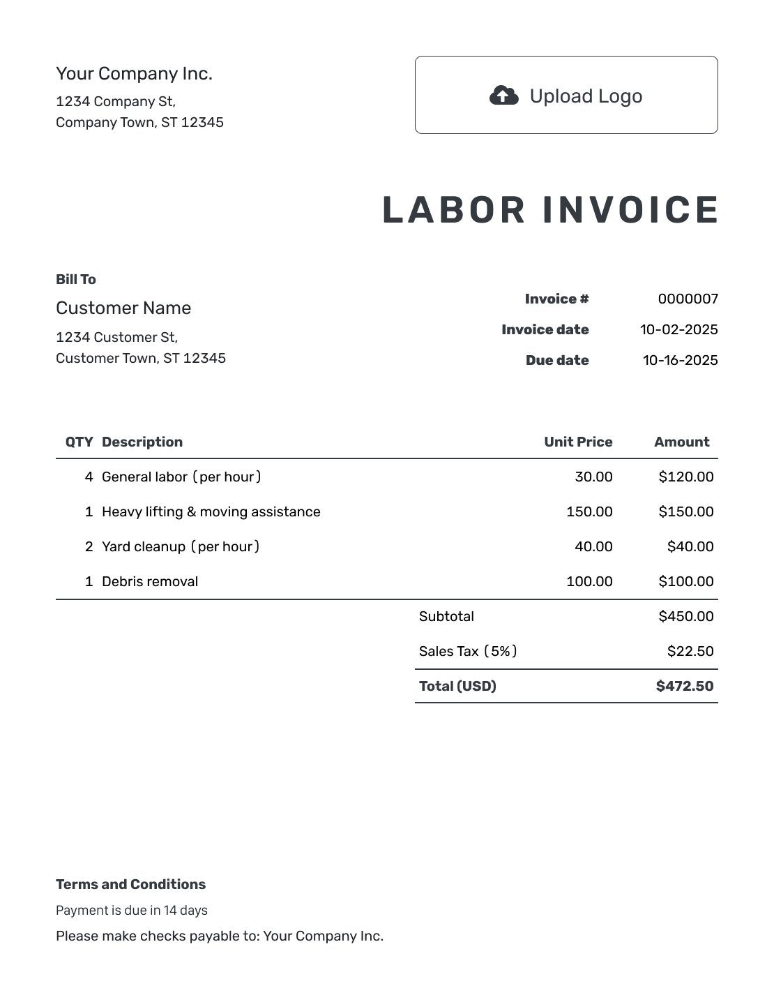 Free Labor Invoice Template | Docelf with regard to Labor Receipt Printable