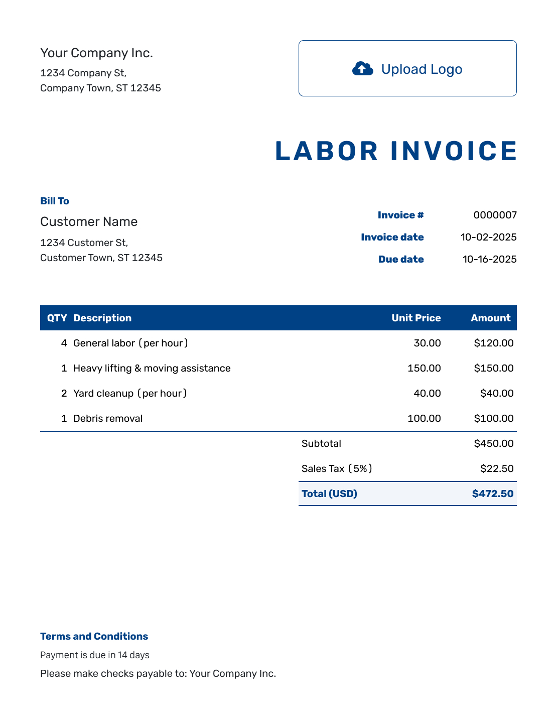 Free Labor Invoice Template | Docelf within Labor Invoice Templates Printable Free