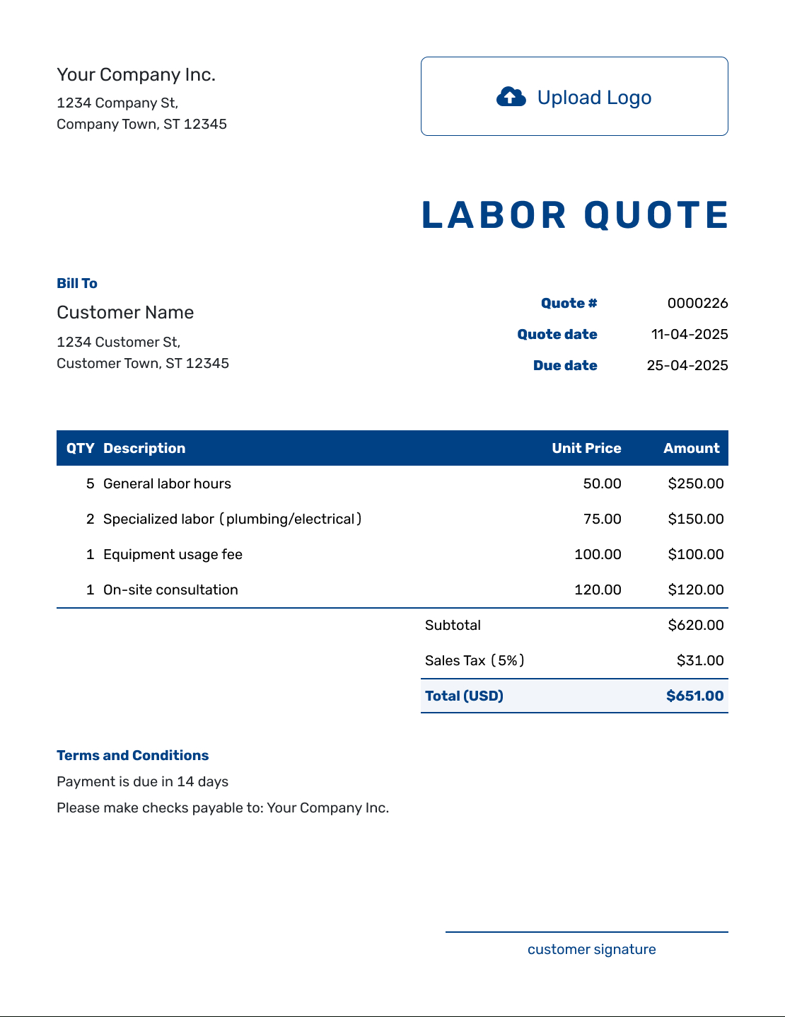 Free Labor Quote Template | Docelf inside Free Printable Labor Rate Sign