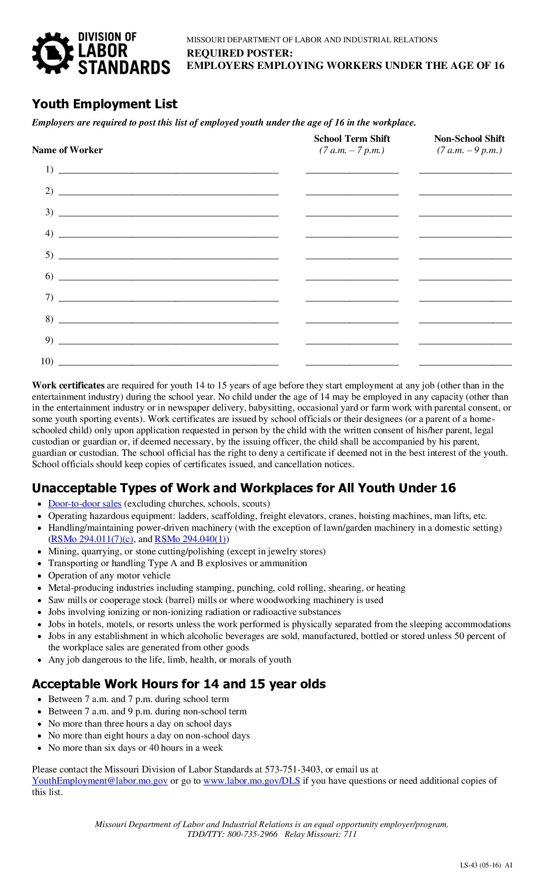 Free Missouri Missouri Child Labor Labor Law Poster 2025 with Free Printable Missouri Labor Posters
