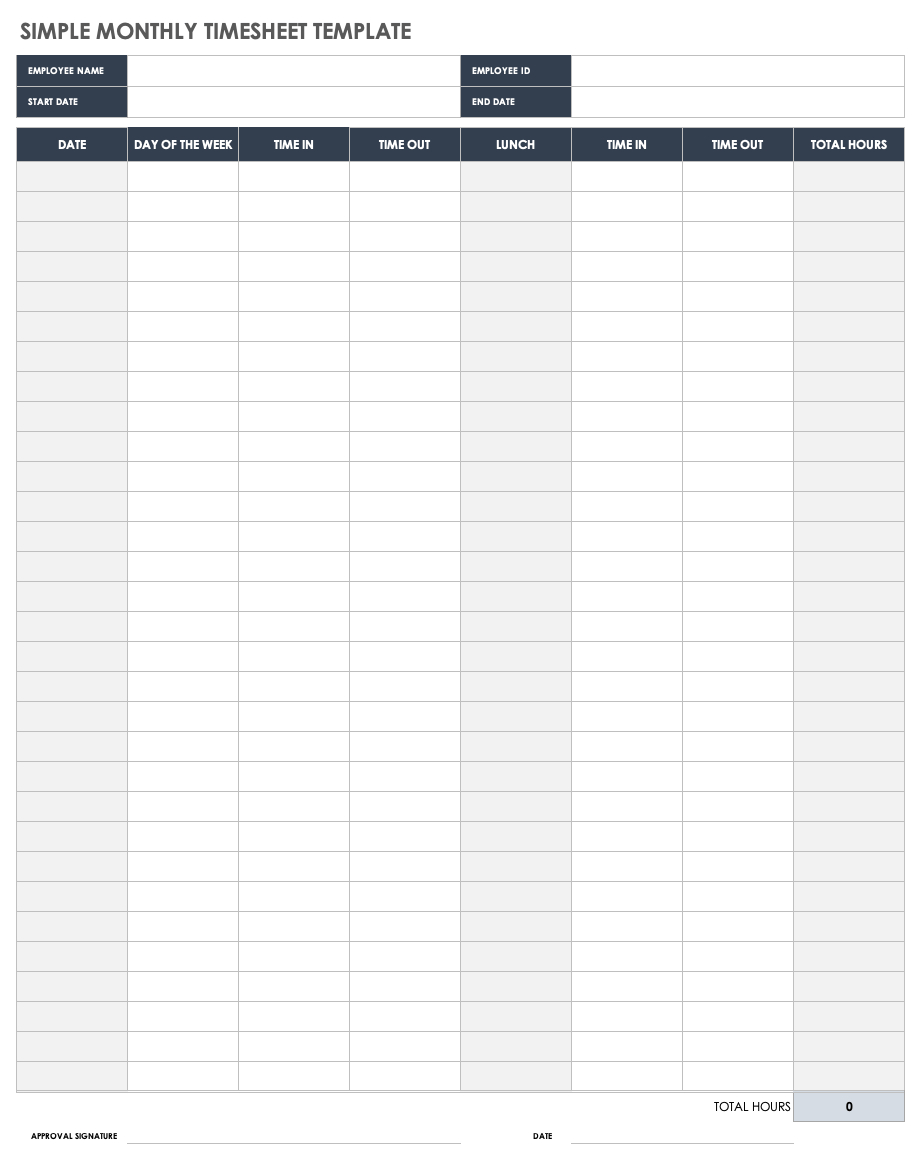 Free Monthly Timesheet &amp;amp; Time Card Templates | Smartsheet for Labor Time Sheets Printable