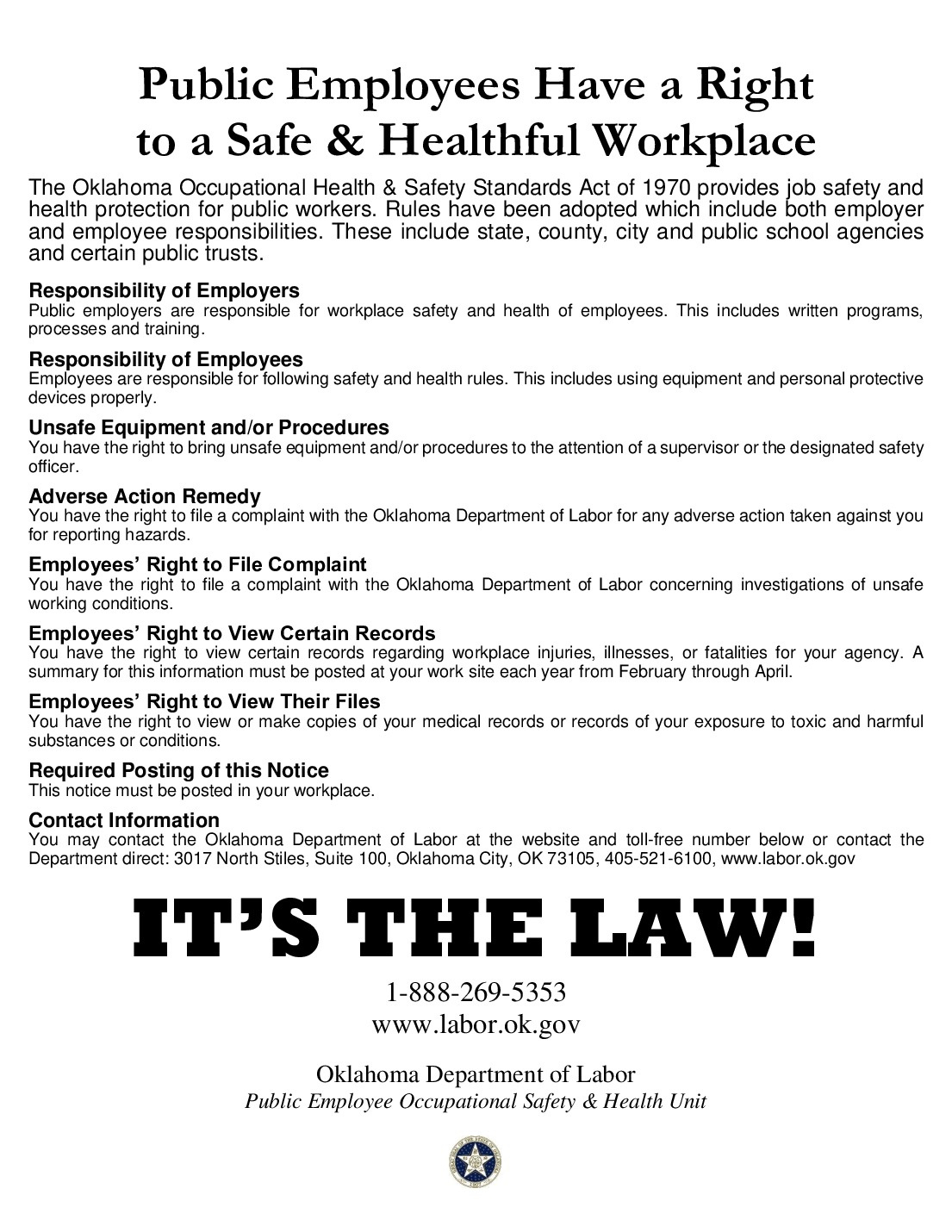 Free Oklahoma Health And Safety Labor Law Poster 2025 in Oklahoma Labor Law Posters Free Printable
