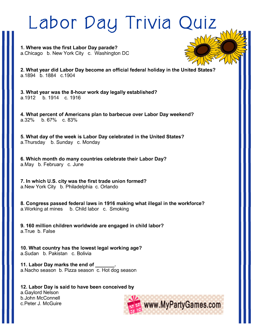 Free Printable Labor Day Trivia Quiz With Answer Key - Worksheets pertaining to Labor Day Quiz Printable