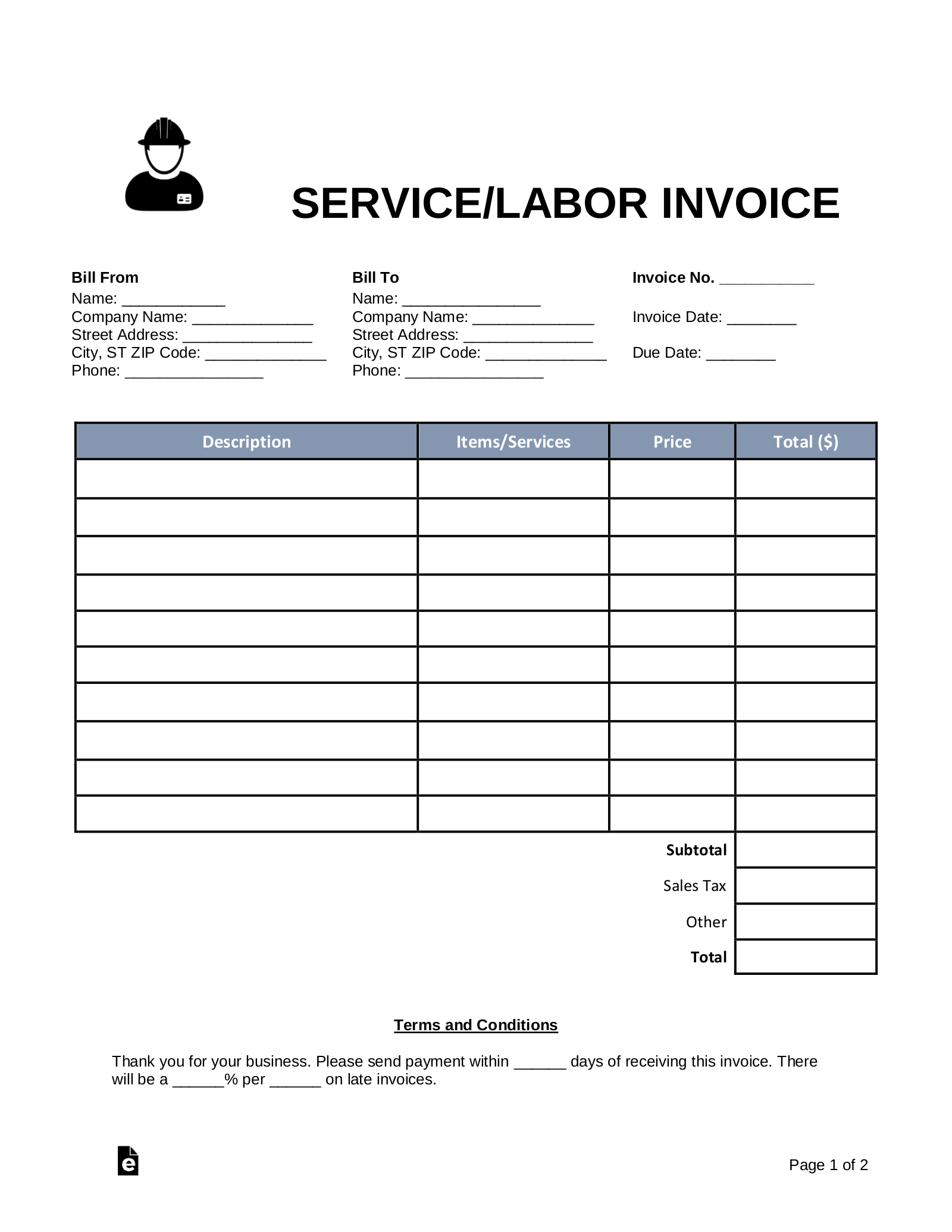 Free Service/Labor Invoice Template - Pdf | Word – Eforms throughout Free Printable Labor Invoice