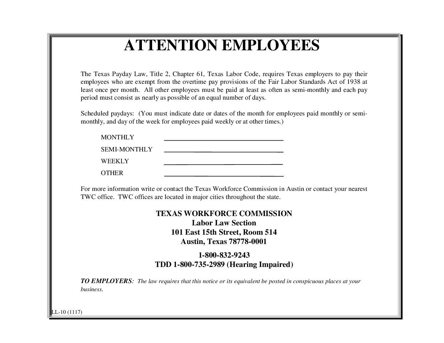 Free Texas Payday Law 2025 with regard to Texas Labor Law Posters 2025 Printable Free