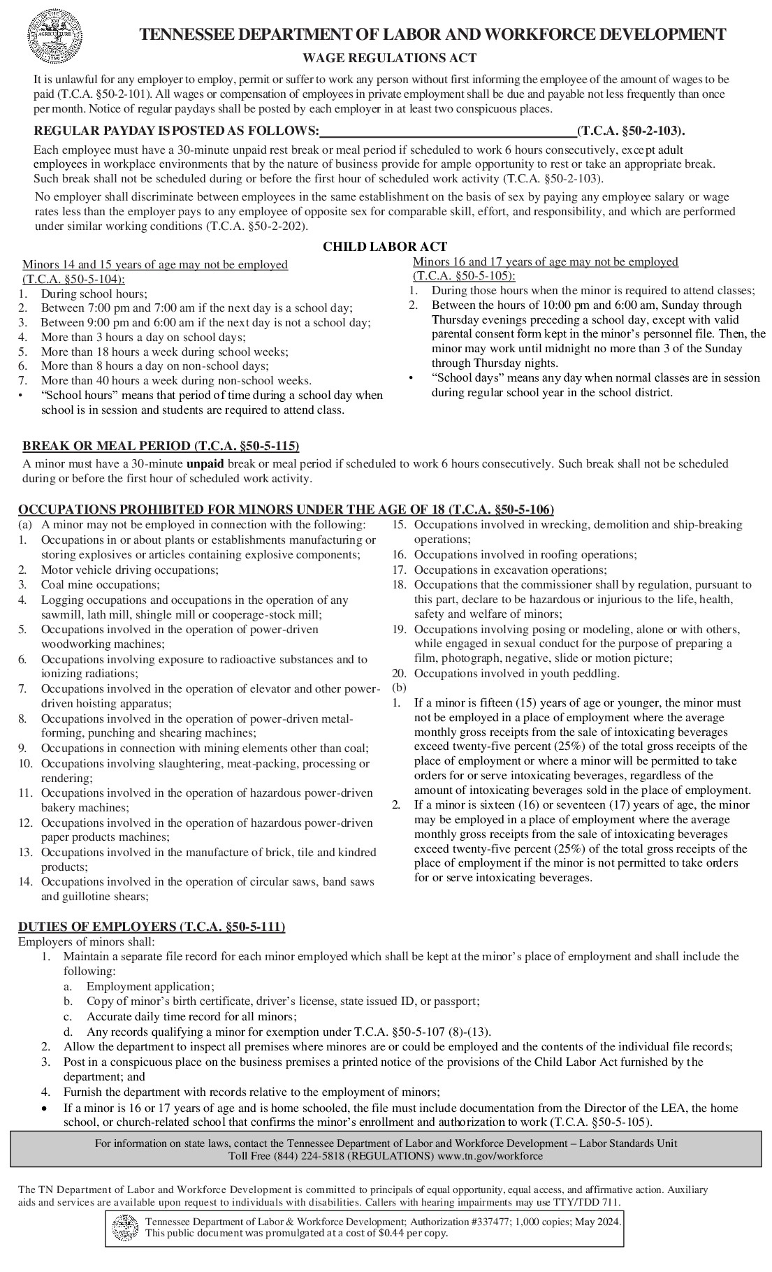 Free Wage Regulation And Child Labor In Tennessee 2025 throughout Tennessee Labor Law Posters Free Printable
