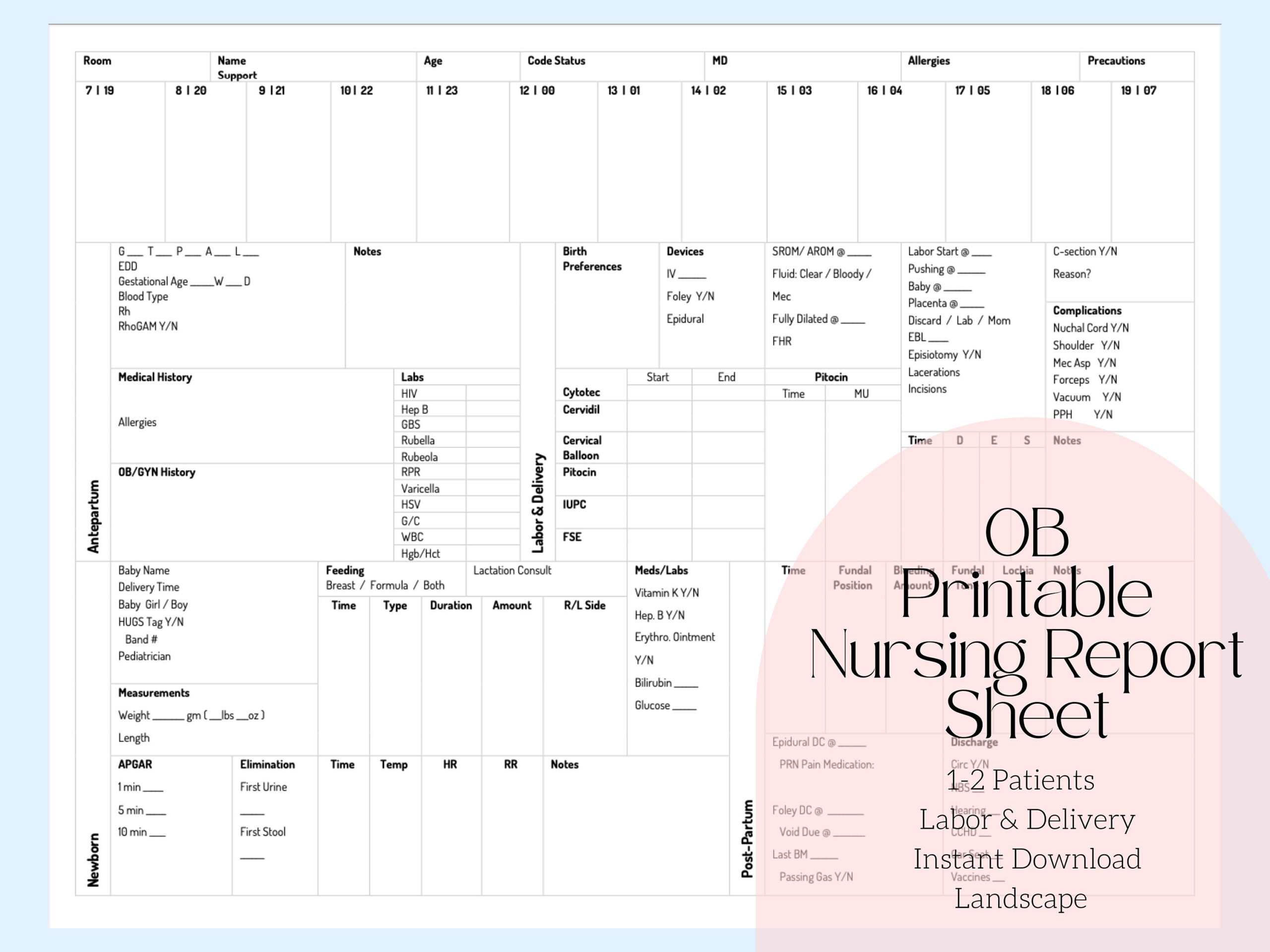 Labor And Delivery Nurse Report Sheet | 1-2 Patients | Printable with Printable Labor and Delivery Report Sheet