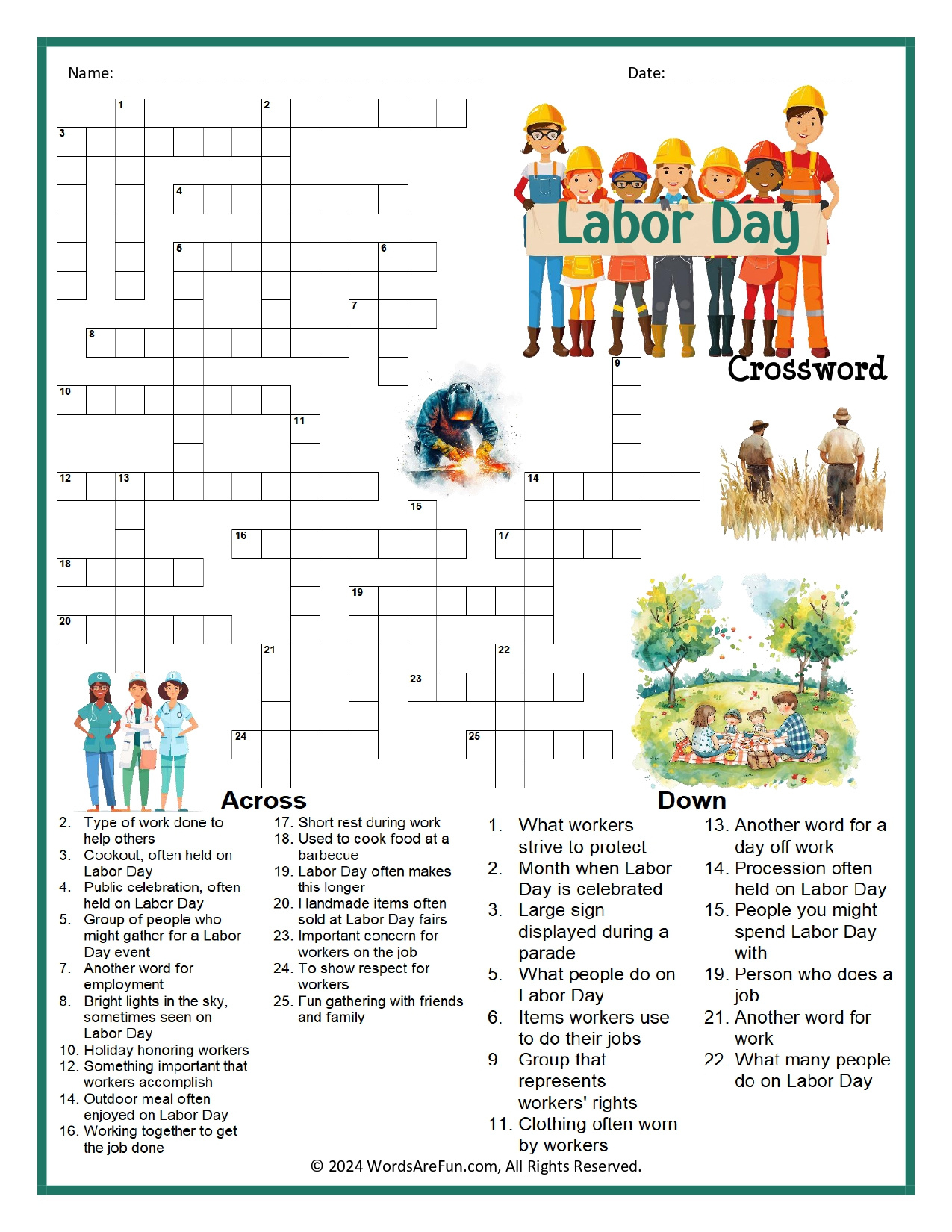Labor Day Crossword Puzzle inside Printable Labor Day Crossword Puzzles