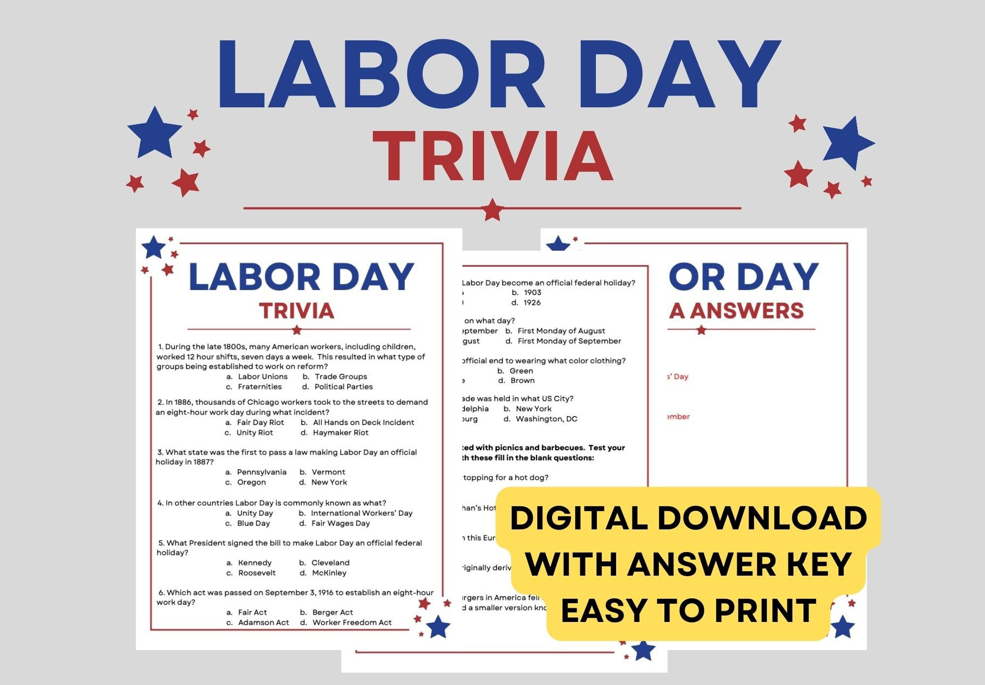 Labor Day Trivia And Answer Key Instant Digital Download Pdf! - Etsy with Labor Day Trivia Printable