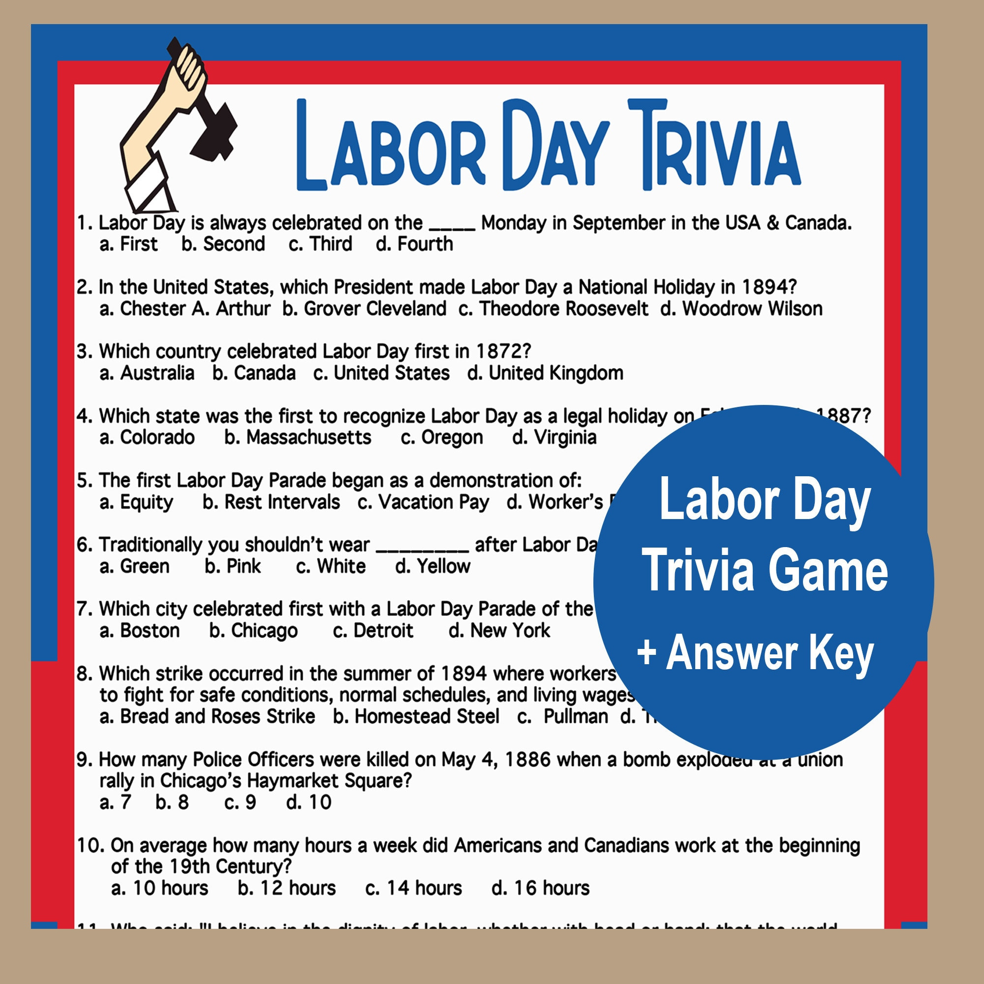 Labor Day Trivia Game, American Game, Patriotic Games, Fun Labor within Free Printable Labor Day Trivia