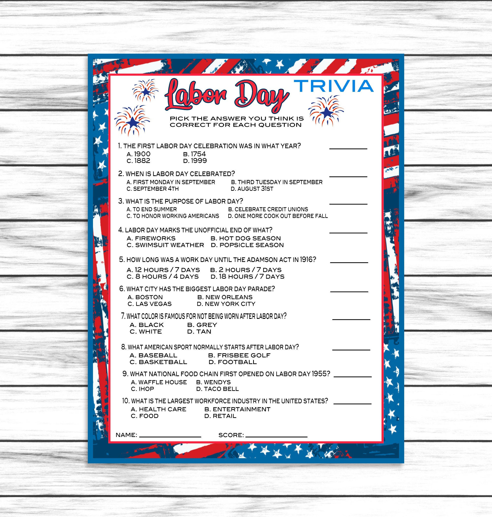 Labor Day Trivia Game, Party Game, Labor Day Party Game, Labor Day in Free Printable Labor Day Trivia And Answers