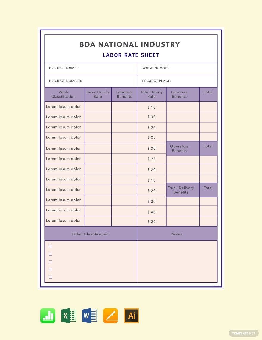 Labor Rate Sheet Template In Apple Numbers, Excel, Word, Pages regarding Free Printable Labor Rate Sign