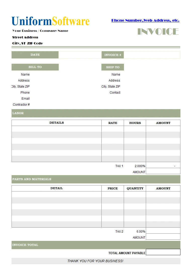 Parts And Labor Invoicing Format intended for Printable Bill For Labor
