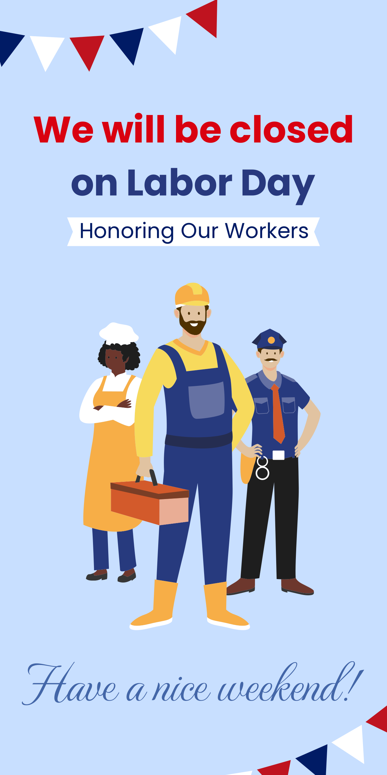 Red-Blue Cartooned Workers Labor Day Closed Sign Template | Square inside Labor Day Holiday Closed Signs Printable