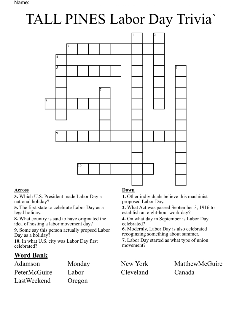 Tall Pines Labor Day Trivia` Crossword - Wordmint for Free Printable Labor Day Trivia